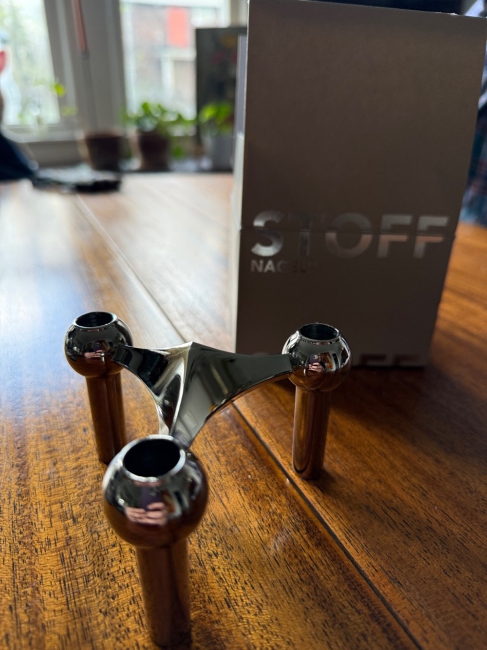 Stoff Nagel new in box Chrome 3-Arm Candle Holder